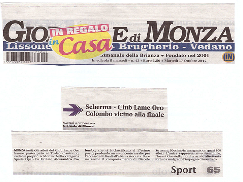 Giornale di Monza 17 Ottobre 2017 Scherma Club Lame Oro Colombo vicino alla finale
