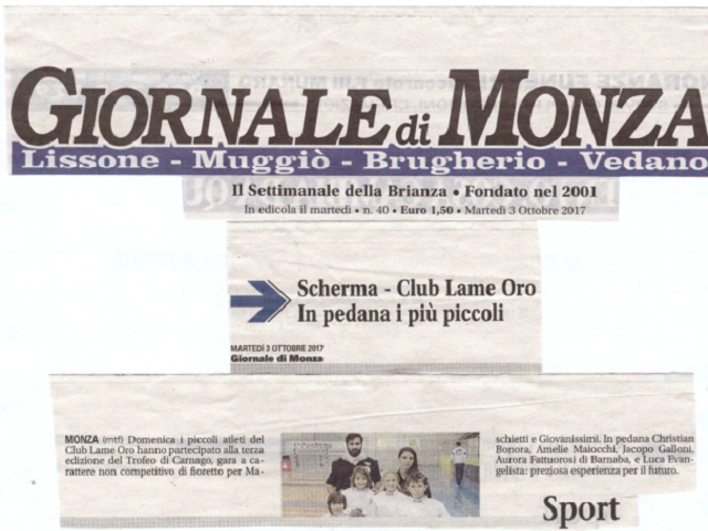 Giornale di Monza 3 Ottobre 2017 Scherma Club Lame Oro in pedana i più piccoli